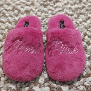 PINK Victoria’s Secret Hot Pink Fuzzy Slippers Rhinestone Logo – New